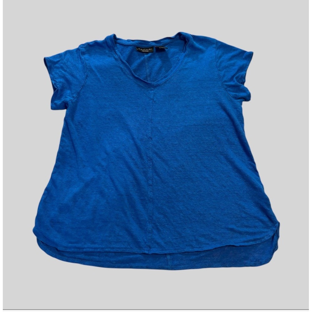 Tahari 100% Linen V-neck Short Sleeve Shirt Women's Large Blue